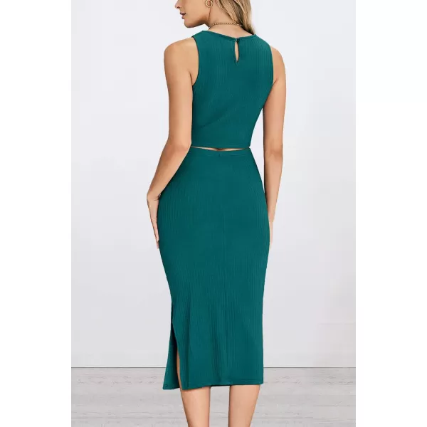 PRETTYGARDEN Womens 2 Piece Summer Outfits Crewneck Tank Tops Split Bodycon Midi Skirt SetDark Green