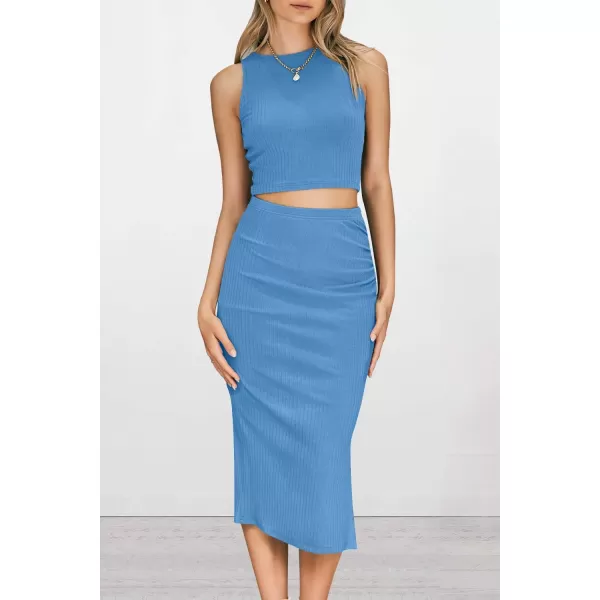 PRETTYGARDEN Womens 2 Piece Summer Outfits Crewneck Tank Tops Split Bodycon Midi Skirt SetLight Blue