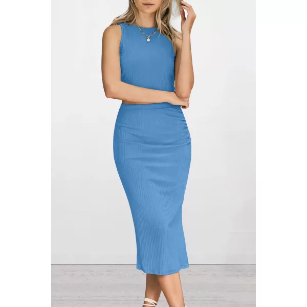 PRETTYGARDEN Womens 2 Piece Summer Outfits Crewneck Tank Tops Split Bodycon Midi Skirt SetLight Blue