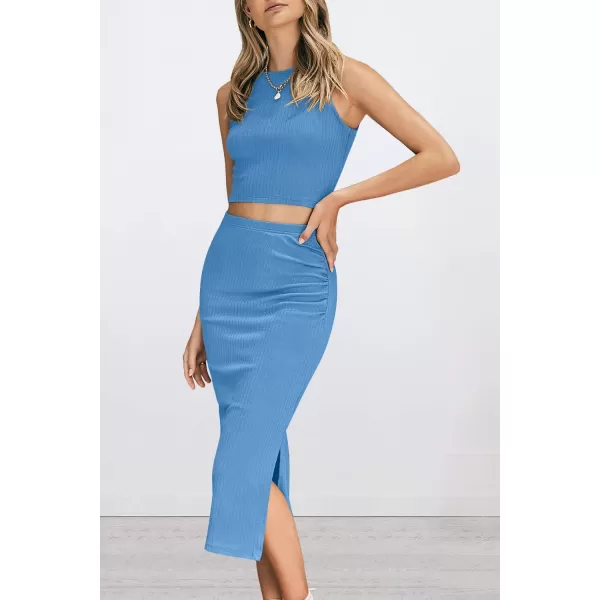 PRETTYGARDEN Womens 2 Piece Summer Outfits Crewneck Tank Tops Split Bodycon Midi Skirt SetLight Blue