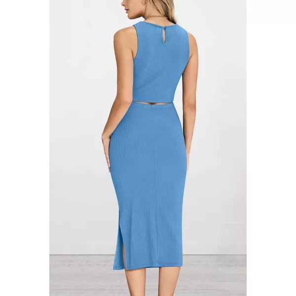 PRETTYGARDEN Womens 2 Piece Summer Outfits Crewneck Tank Tops Split Bodycon Midi Skirt SetLight Blue