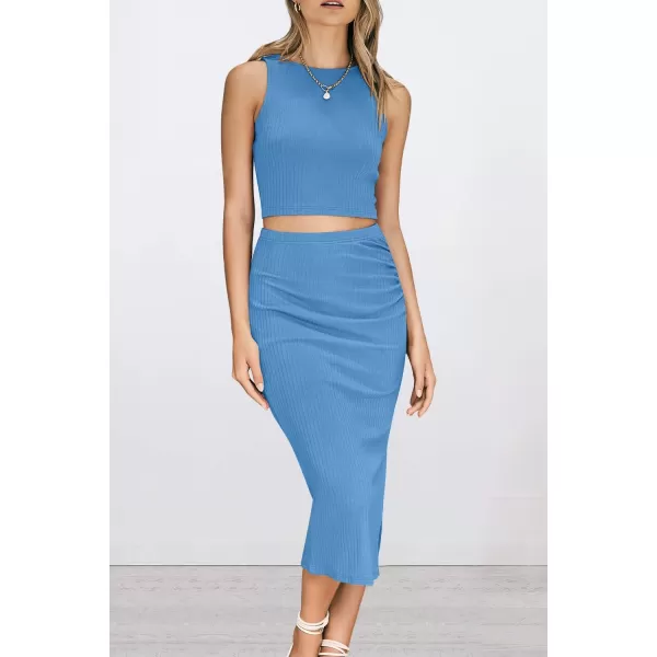 PRETTYGARDEN Womens 2 Piece Summer Outfits Crewneck Tank Tops Split Bodycon Midi Skirt SetLight Blue