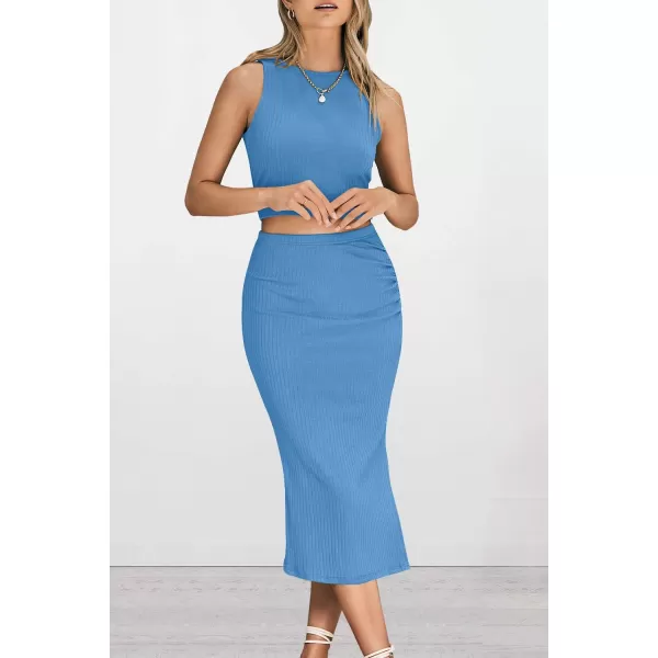 PRETTYGARDEN Womens 2 Piece Summer Outfits Crewneck Tank Tops Split Bodycon Midi Skirt SetLight Blue