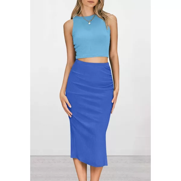 PRETTYGARDEN Womens 2 Piece Summer Outfits Crewneck Tank Tops Split Bodycon Midi Skirt SetLight Blueblue