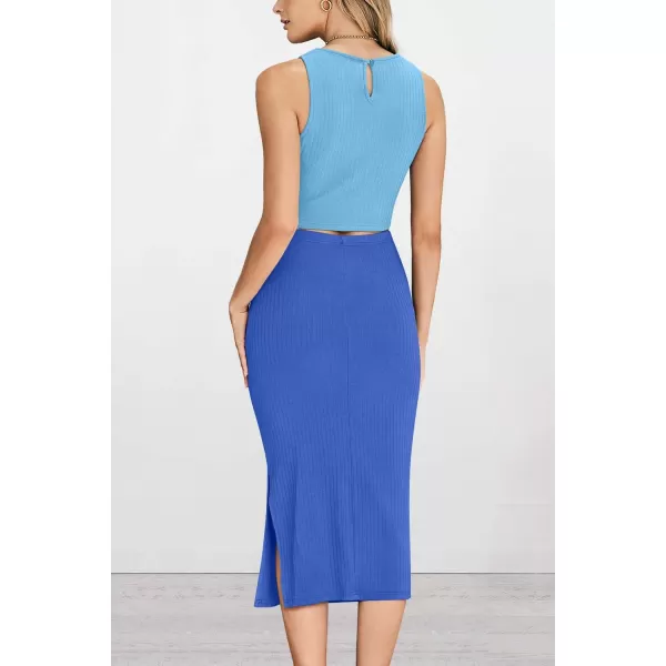 PRETTYGARDEN Womens 2 Piece Summer Outfits Crewneck Tank Tops Split Bodycon Midi Skirt SetLight Blueblue