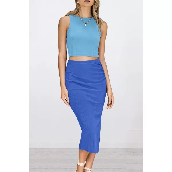 PRETTYGARDEN Womens 2 Piece Summer Outfits Crewneck Tank Tops Split Bodycon Midi Skirt SetLight Blueblue