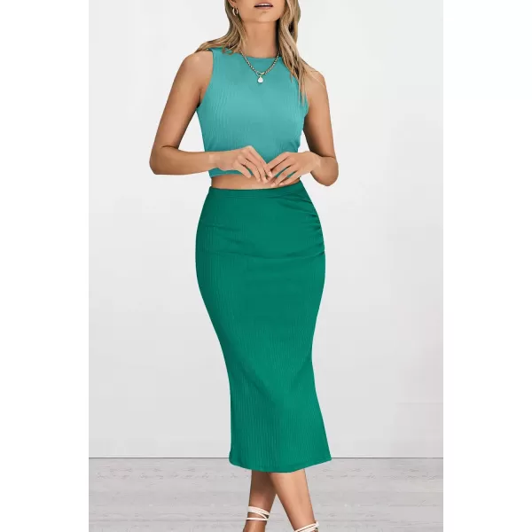 PRETTYGARDEN Womens 2 Piece Summer Outfits Crewneck Tank Tops Split Bodycon Midi Skirt SetLight Greengreen