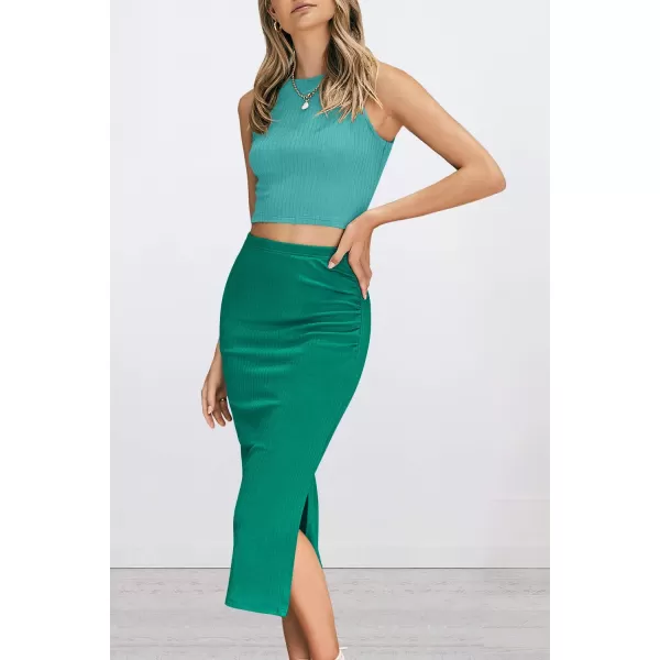 PRETTYGARDEN Womens 2 Piece Summer Outfits Crewneck Tank Tops Split Bodycon Midi Skirt SetLight Greengreen
