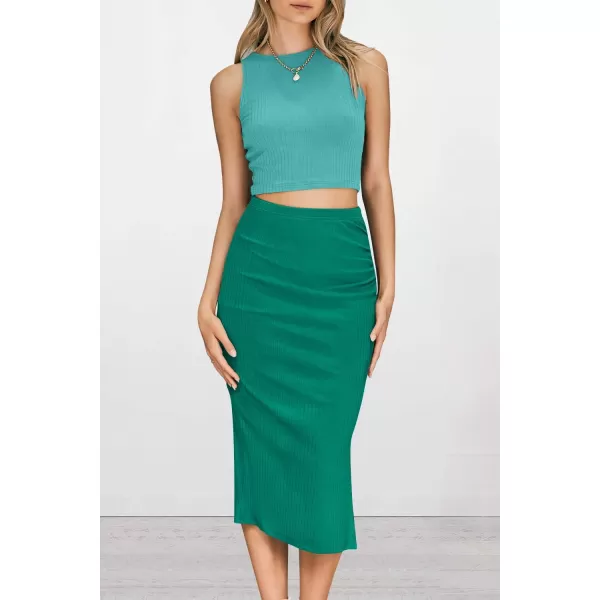 PRETTYGARDEN Womens 2 Piece Summer Outfits Crewneck Tank Tops Split Bodycon Midi Skirt SetLight Greengreen