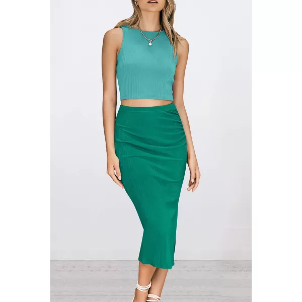 PRETTYGARDEN Womens 2 Piece Summer Outfits Crewneck Tank Tops Split Bodycon Midi Skirt SetLight Greengreen