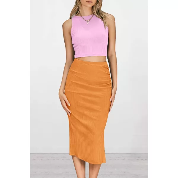 PRETTYGARDEN Womens 2 Piece Summer Outfits Crewneck Tank Tops Split Bodycon Midi Skirt SetLight Pinkbright Yellow