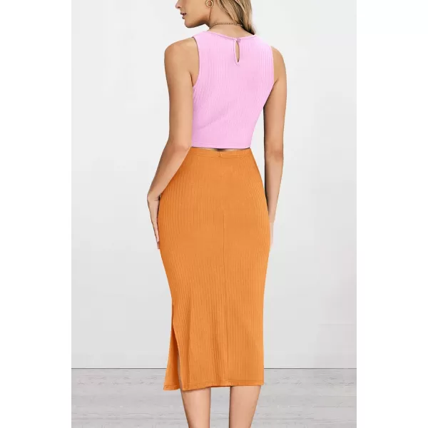 PRETTYGARDEN Womens 2 Piece Summer Outfits Crewneck Tank Tops Split Bodycon Midi Skirt SetLight Pinkbright Yellow