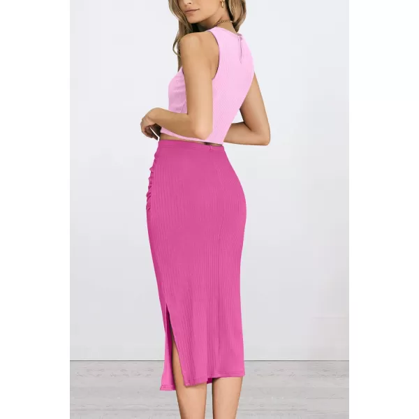 PRETTYGARDEN Womens 2 Piece Summer Outfits Crewneck Tank Tops Split Bodycon Midi Skirt SetLight Pinkrose Red