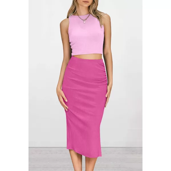PRETTYGARDEN Womens 2 Piece Summer Outfits Crewneck Tank Tops Split Bodycon Midi Skirt SetLight Pinkrose Red