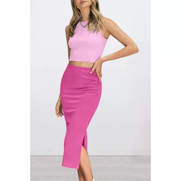 PRETTYGARDEN Womens 2 Piece Summer Outfits Crewneck Tank Tops Split Bodycon Midi Skirt SetLight Pinkrose Red