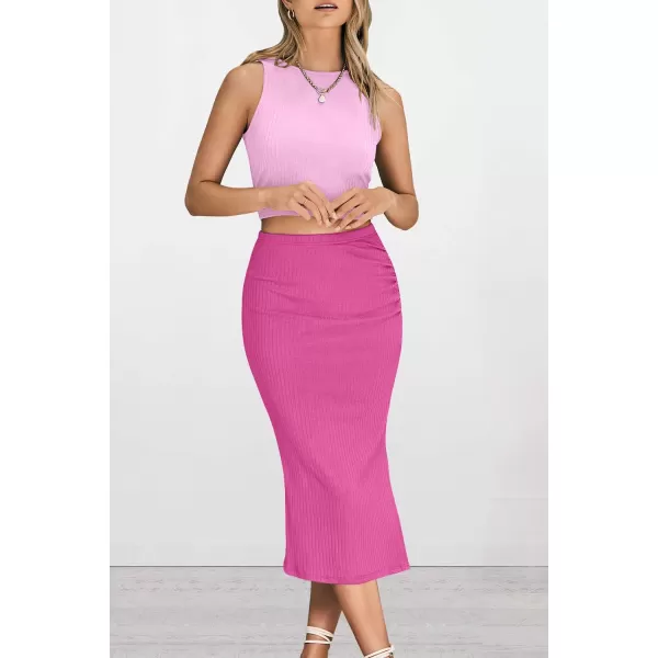 PRETTYGARDEN Womens 2 Piece Summer Outfits Crewneck Tank Tops Split Bodycon Midi Skirt SetLight Pinkrose Red