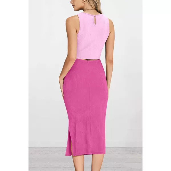 PRETTYGARDEN Womens 2 Piece Summer Outfits Crewneck Tank Tops Split Bodycon Midi Skirt SetLight Pinkrose Red