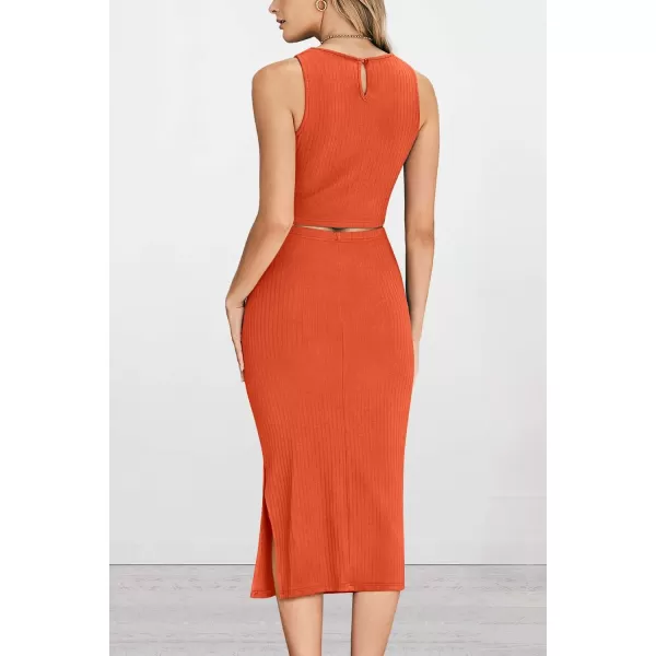 PRETTYGARDEN Womens 2 Piece Summer Outfits Crewneck Tank Tops Split Bodycon Midi Skirt SetOrange