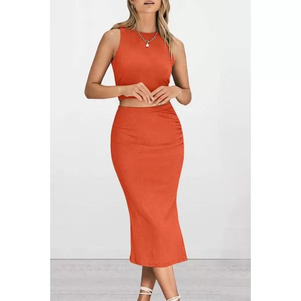 PRETTYGARDEN Womens 2 Piece Summer Outfits Crewneck Tank Tops Split Bodycon Midi Skirt SetOrange