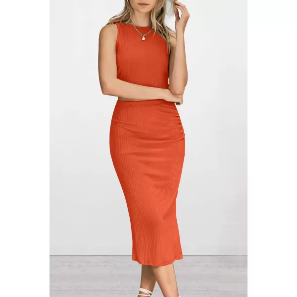 PRETTYGARDEN Womens 2 Piece Summer Outfits Crewneck Tank Tops Split Bodycon Midi Skirt SetOrange