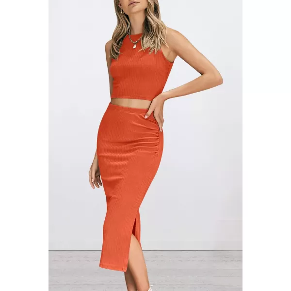 PRETTYGARDEN Womens 2 Piece Summer Outfits Crewneck Tank Tops Split Bodycon Midi Skirt SetOrange