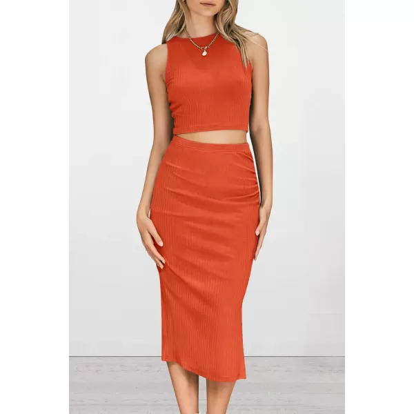 PRETTYGARDEN Womens 2 Piece Summer Outfits Crewneck Tank Tops Split Bodycon Midi Skirt SetOrange