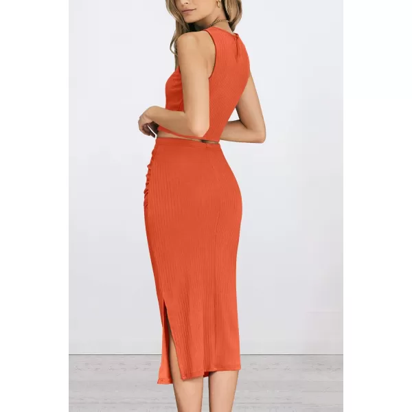 PRETTYGARDEN Womens 2 Piece Summer Outfits Crewneck Tank Tops Split Bodycon Midi Skirt SetOrange