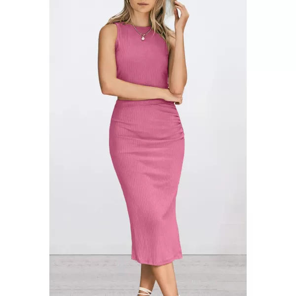 PRETTYGARDEN Womens 2 Piece Summer Outfits Crewneck Tank Tops Split Bodycon Midi Skirt SetPink