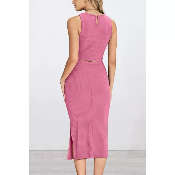 PRETTYGARDEN Womens 2 Piece Summer Outfits Crewneck Tank Tops Split Bodycon Midi Skirt SetPink