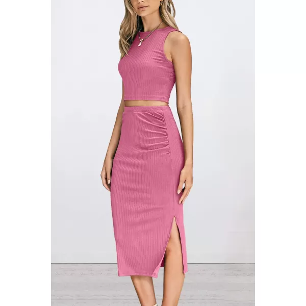 PRETTYGARDEN Womens 2 Piece Summer Outfits Crewneck Tank Tops Split Bodycon Midi Skirt SetPink