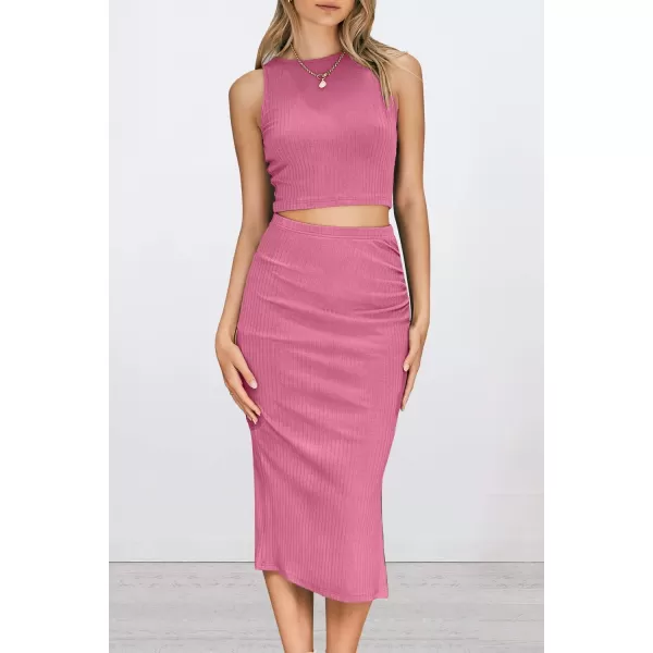 PRETTYGARDEN Womens 2 Piece Summer Outfits Crewneck Tank Tops Split Bodycon Midi Skirt SetPink
