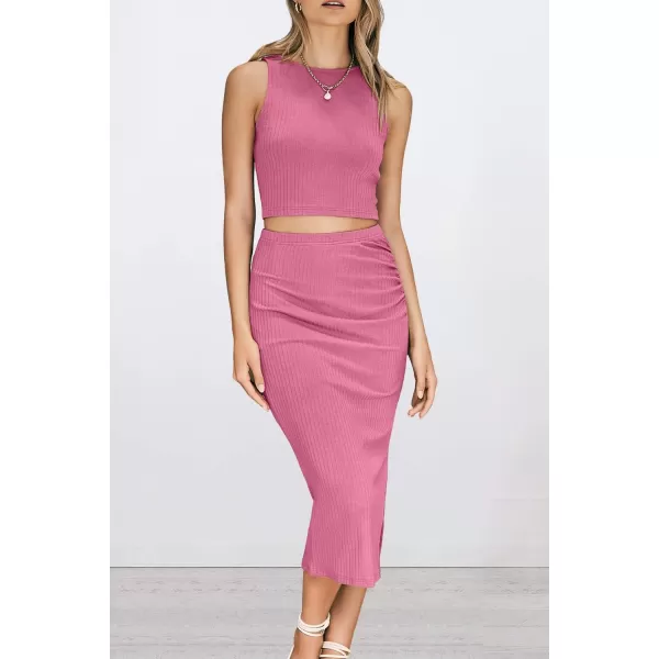 PRETTYGARDEN Womens 2 Piece Summer Outfits Crewneck Tank Tops Split Bodycon Midi Skirt SetPink