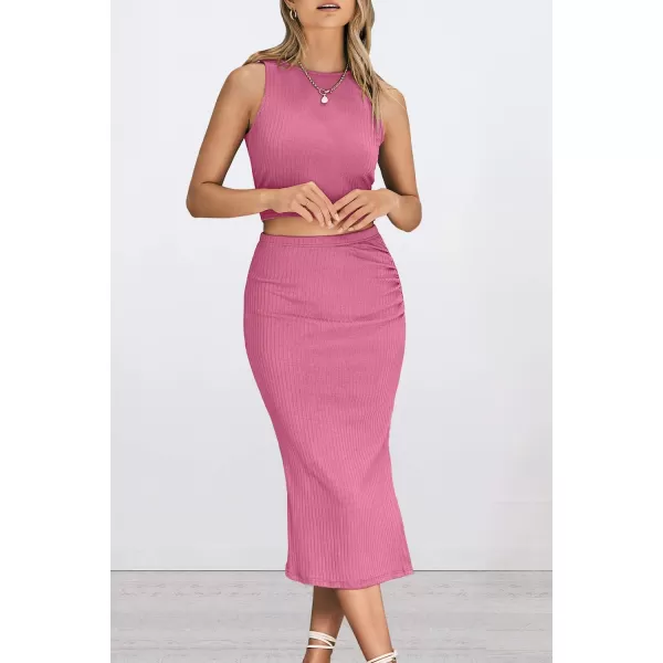 PRETTYGARDEN Womens 2 Piece Summer Outfits Crewneck Tank Tops Split Bodycon Midi Skirt SetPink