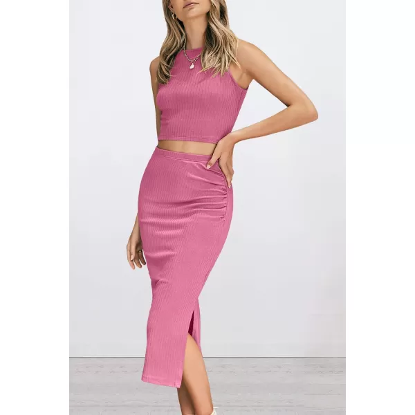 PRETTYGARDEN Womens 2 Piece Summer Outfits Crewneck Tank Tops Split Bodycon Midi Skirt SetPink