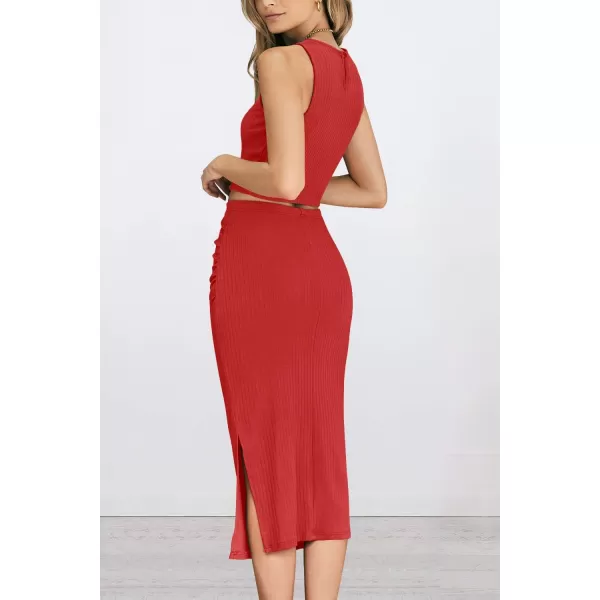 PRETTYGARDEN Womens 2 Piece Summer Outfits Crewneck Tank Tops Split Bodycon Midi Skirt SetRed