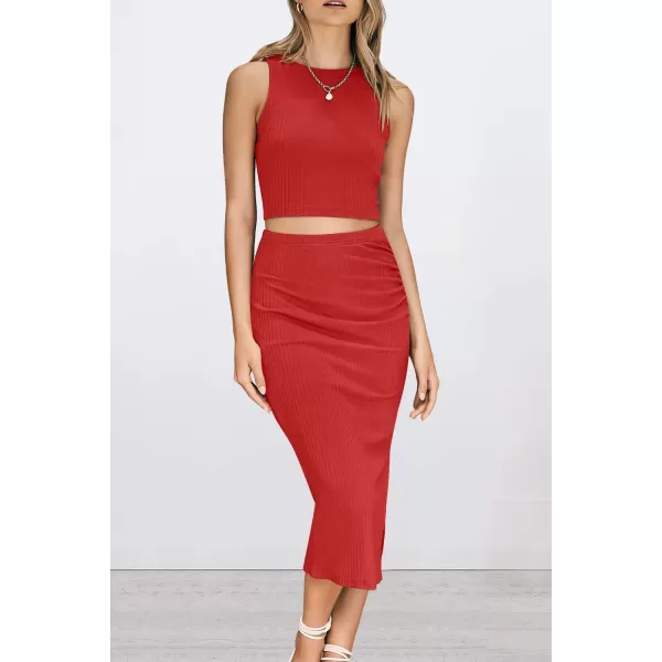 PRETTYGARDEN Womens 2 Piece Summer Outfits Crewneck Tank Tops Split Bodycon Midi Skirt SetRed