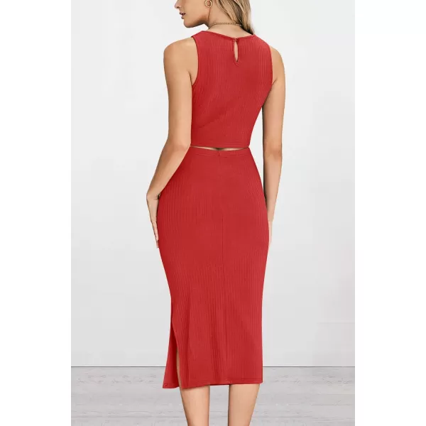 PRETTYGARDEN Womens 2 Piece Summer Outfits Crewneck Tank Tops Split Bodycon Midi Skirt SetRed