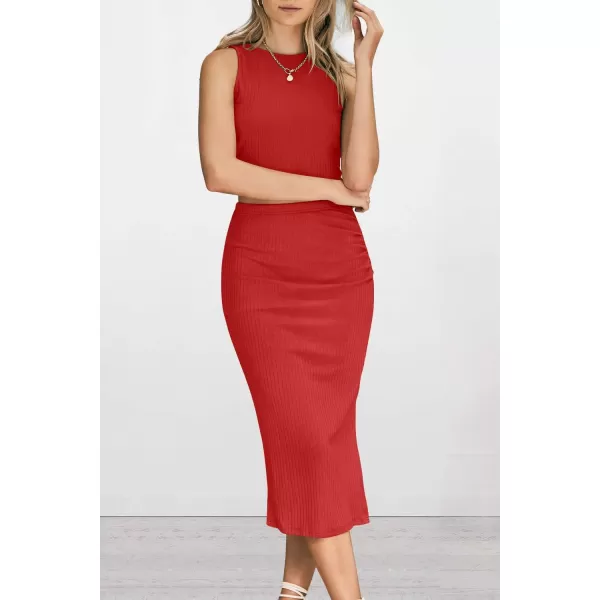 PRETTYGARDEN Womens 2 Piece Summer Outfits Crewneck Tank Tops Split Bodycon Midi Skirt SetRed