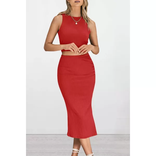 PRETTYGARDEN Womens 2 Piece Summer Outfits Crewneck Tank Tops Split Bodycon Midi Skirt SetRed