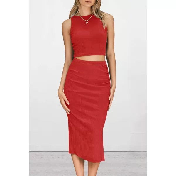 PRETTYGARDEN Womens 2 Piece Summer Outfits Crewneck Tank Tops Split Bodycon Midi Skirt SetRed