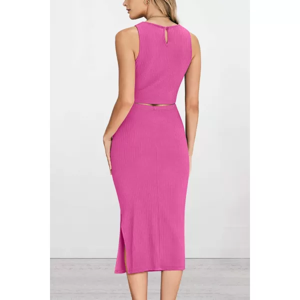 PRETTYGARDEN Womens 2 Piece Summer Outfits Crewneck Tank Tops Split Bodycon Midi Skirt SetRose Red