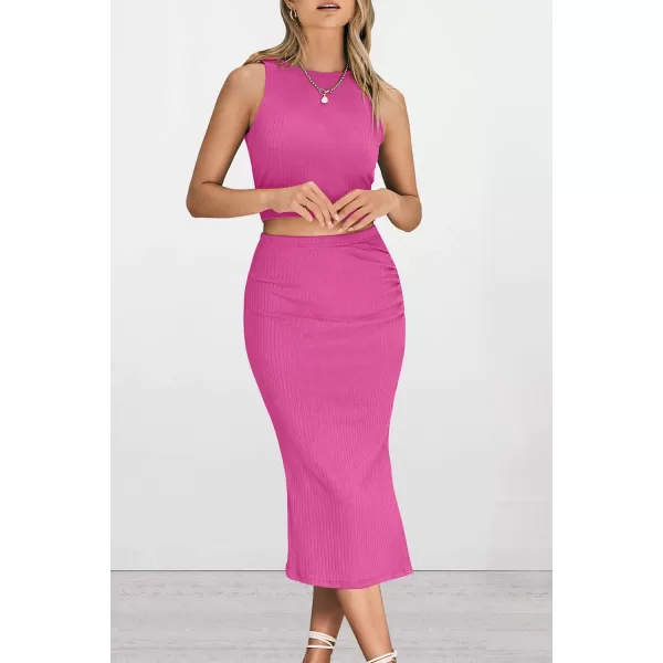 PRETTYGARDEN Womens 2 Piece Summer Outfits Crewneck Tank Tops Split Bodycon Midi Skirt SetRose Red