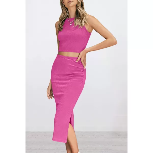 PRETTYGARDEN Womens 2 Piece Summer Outfits Crewneck Tank Tops Split Bodycon Midi Skirt SetRose Red