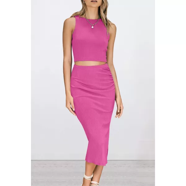 PRETTYGARDEN Womens 2 Piece Summer Outfits Crewneck Tank Tops Split Bodycon Midi Skirt SetRose Red