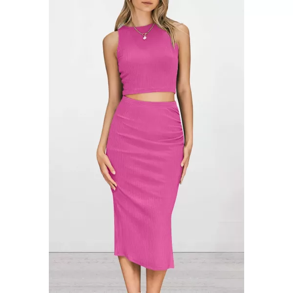 PRETTYGARDEN Womens 2 Piece Summer Outfits Crewneck Tank Tops Split Bodycon Midi Skirt SetRose Red