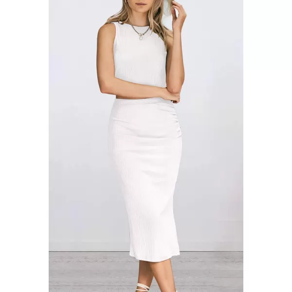 PRETTYGARDEN Womens 2 Piece Summer Outfits Crewneck Tank Tops Split Bodycon Midi Skirt SetWhite