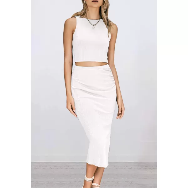 PRETTYGARDEN Womens 2 Piece Summer Outfits Crewneck Tank Tops Split Bodycon Midi Skirt SetWhite