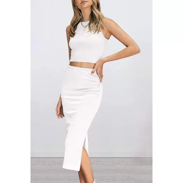 PRETTYGARDEN Womens 2 Piece Summer Outfits Crewneck Tank Tops Split Bodycon Midi Skirt SetWhite