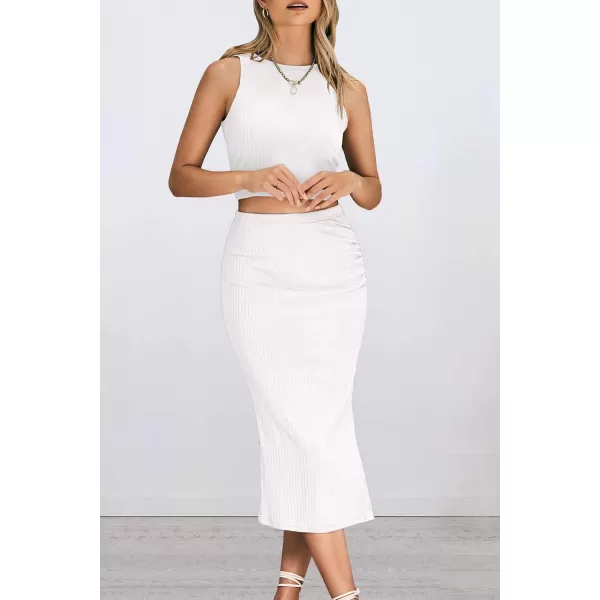 PRETTYGARDEN Womens 2 Piece Summer Outfits Crewneck Tank Tops Split Bodycon Midi Skirt SetWhite