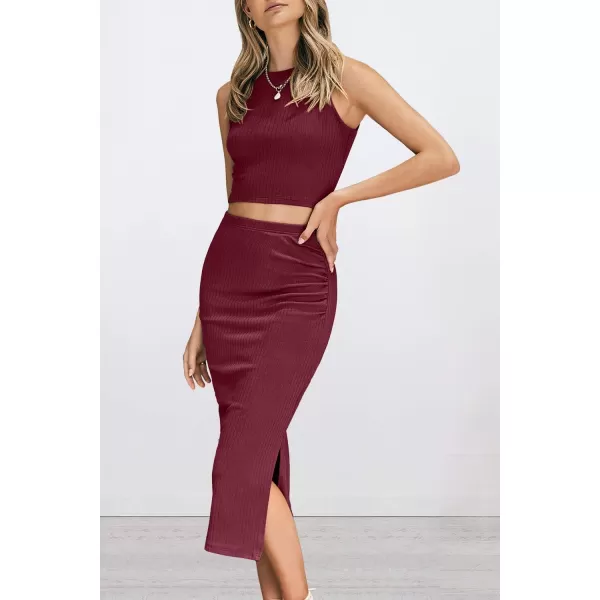 PRETTYGARDEN Womens 2 Piece Summer Outfits Crewneck Tank Tops Split Bodycon Midi Skirt SetWine Red